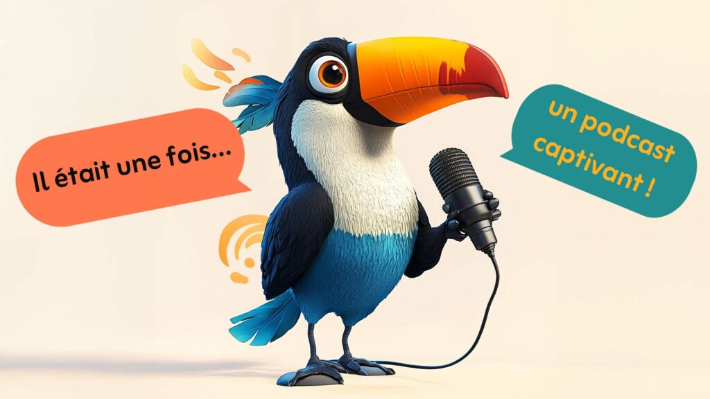 Illustration d’un toucan coloré sur fond neutre et pâle orangé, micro en main et entouré de bulles de conversation sur le sujet du storytelling.