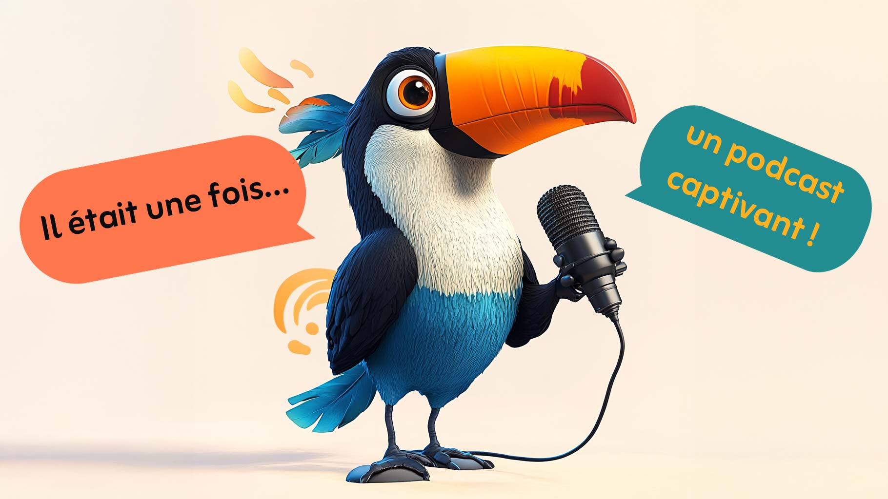 Illustration d’un toucan coloré sur fond neutre et pâle orangé, micro en main et entouré de bulles de conversation sur le sujet du storytelling.